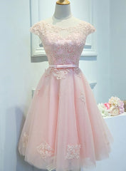Non Traditional Wedding Dress, Adorable Pink Knee Length Party Dress, Lace Applique Cute Homecoming Dress