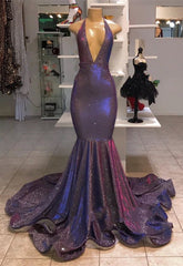Evening Dress Vintage, Chic Deep V-Neck Sleeveless Prom Dresses New Arrival Halter Memaiad Sequins Evening Gowns