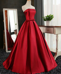 Formal Dress Gowns, Aline Burgundy Satin Long Prom Gown,  Evening Dress