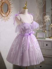 Mini Dress, Aline Lace Short Purple Prom Dress,  Puffy Purple Homecoming Dress