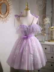 Cocktail Dress, Aline Lace Short Purple Prom Dress,  Puffy Purple Homecoming Dress