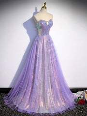 Prom Dresses White And Gold, Aline Purple Sweetheart Neck Tulle Long Prom Dress, Purple Evening Dress