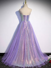 Prom Dresses Brown, Aline Purple Sweetheart Neck Tulle Long Prom Dress, Purple Evening Dress
