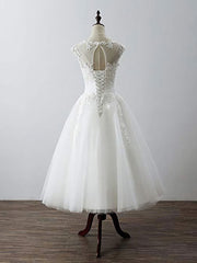 Party Dresses, Aline Round Neck Tulle Lace Short White Prom Dress, White Lace Homecoming Dress