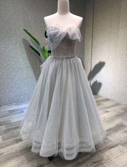 Party Dress Outfit Ideas, Aline Tea Length Gray Prom Dress, Gray Tulle Homecoming Dress