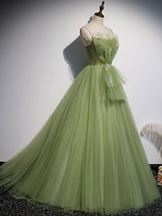 Backless Prom Dress, Aline Tulle Green Long Prom Dresses, Green Formal Graduation Dress with Beading