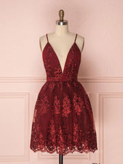 Formal Dress Classy Elegant, Aline v neck tulle lace short burgundy prom dresses, backless burgundy homecoming dress
