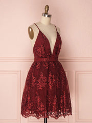 Formal Dress Lace, Aline v neck tulle lace short burgundy prom dresses, backless burgundy homecoming dress