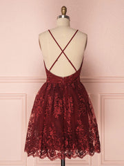 Formal Dresses Ballgown, Aline v neck tulle lace short burgundy prom dresses, backless burgundy homecoming dress