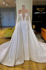Wedding Dresses Websites, Amazing High Neck Long Sleeves Pearls Wedding Dress With Detachable Skirt