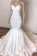 Weddings Dresses Simple, Amazing Long Mermaid Strapless Appliques Lace Wedding Dress