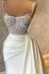 Evening Dresses Gown, Amazing Long Mermaid Strapless Sequins Pearls Satin Formal Prom Dresses
