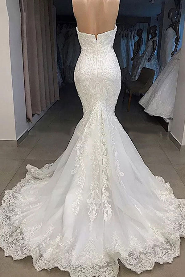 Wedding Dress 2026, Amazing Long Mermaid Sweetheart Appliqued Lace Wedding Dress with Sleeves
