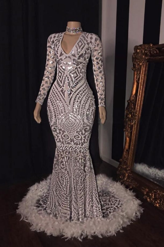 Evening Dress For Wedding Guest, Amazing Sequins V-neck Long Sleeve Mermaid Prom Dresses
