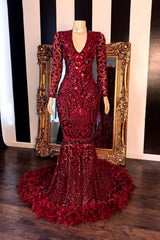 Evening Dresses For Weddings Guest, Amazing Sequins V-neck Long Sleeve Mermaid Prom Dresses