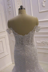 Evening Dress Designers, Amazing White 3D Lace applique Off the Shoulder Mermaid Bridal Gowns