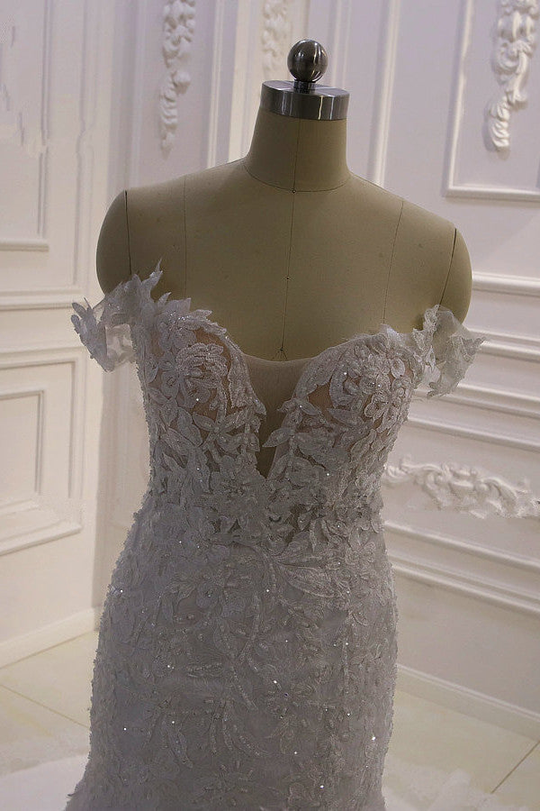 Evening Dress Designs, Amazing White 3D Lace applique Off the Shoulder Mermaid Bridal Gowns