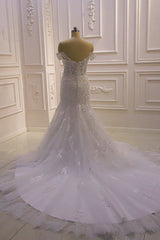 Evening Dress Designer, Amazing White 3D Lace applique Off the Shoulder Mermaid Bridal Gowns