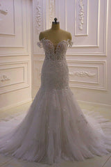 Evening Dresses Designer, Amazing White 3D Lace applique Off the Shoulder Mermaid Bridal Gowns