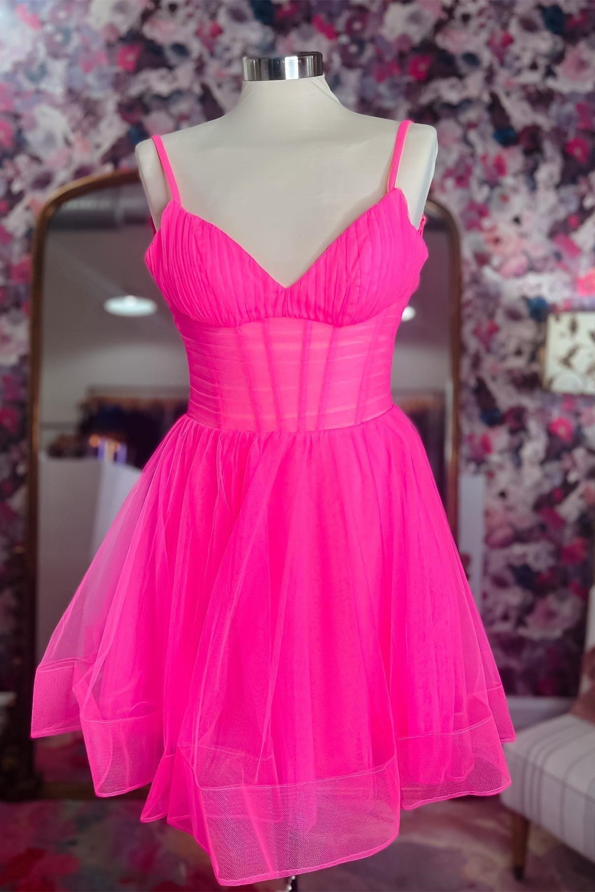 Party Dress For Christmas Party, Hot Pink V Neck Straps Tulle Homecoming Dress