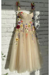 Formal Dressing For Ladies, Ankle Length Tulle Straps Prom Dress with Flowers, A Line Party Gown