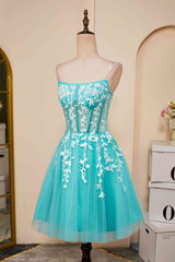 Evening Dress Long Elegant, Aqua Blue Strapless A-Line Short Homecoming Dress with Appliques