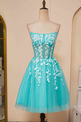 Evening Dress Princess, Aqua Blue Strapless A-Line Short Homecoming Dress with Appliques