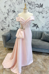 Prom Dresses Website, Pink Off-Shoulder Mermaid Satin Long Mother of Bride Dress
