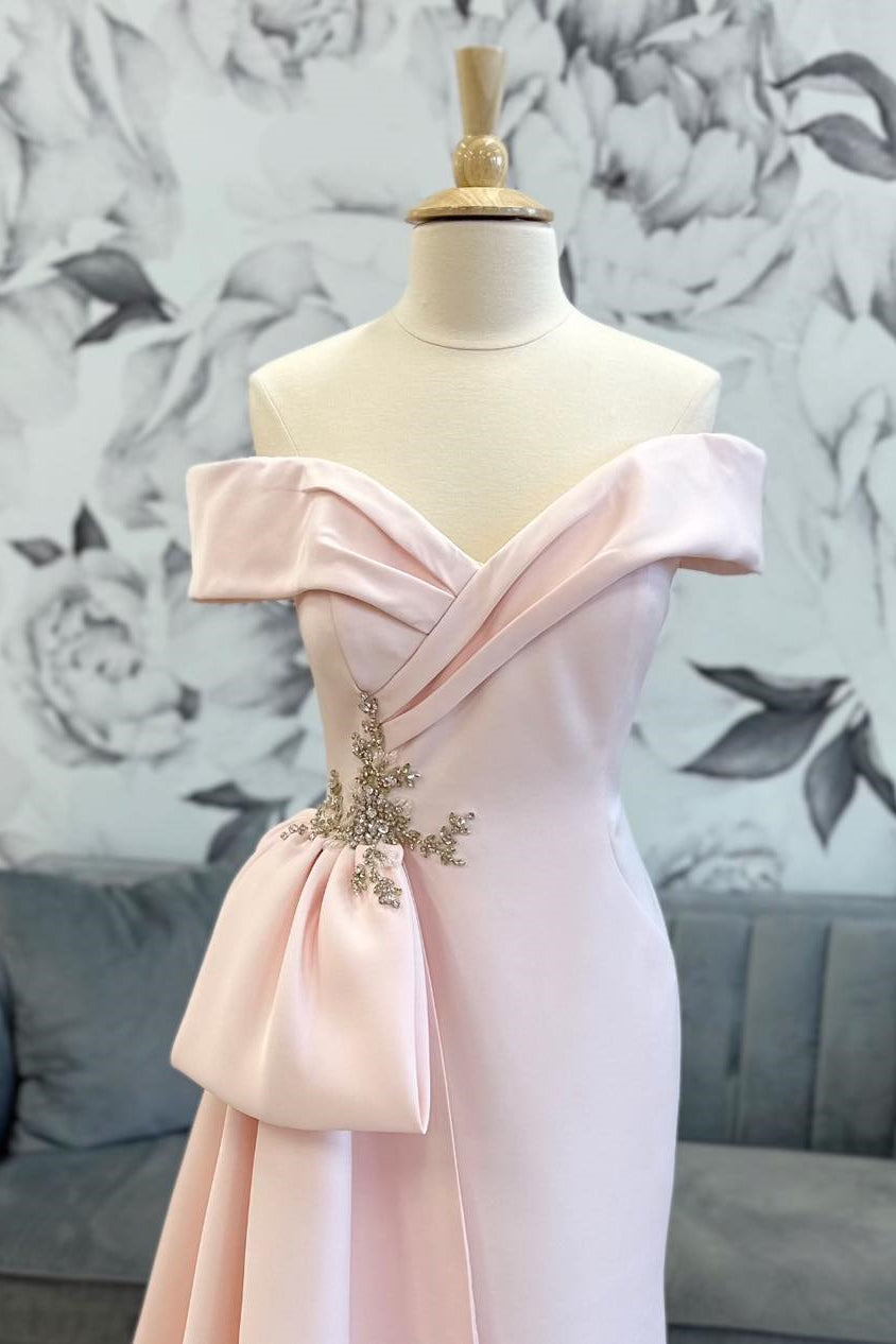 Prom Dress Website, Pink Off-Shoulder Mermaid Satin Long Mother of Bride Dress