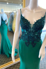 Party Dress Night Out, Straps Green Appliques Mermaid Long Formal Dress