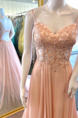 Winter Formal Dress Short, Simple Pink A-line Lace Appliques Chiffon Long Prom Dress