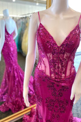 Formal Dress For Woman, Fuchsia Mermaid Sequined Embroidery Tulle Long Prom Dress