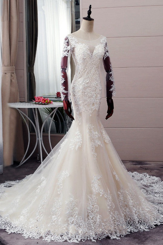 Wedding Dresses And Veils, Autumn Long Sleevess Mermaid Lace appliques Ivory Wedding Dress