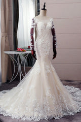 Wedding Dresses And Veils, Autumn Long Sleevess Mermaid Lace appliques Ivory Wedding Dress