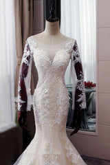 Wedding Dress And Veil, Autumn Long Sleevess Mermaid Lace appliques Ivory Wedding Dress