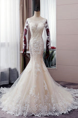 Wedding Dresses A Line Lace, Autumn Long Sleevess Mermaid Lace appliques Ivory Wedding Dress