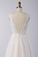 Weddings Dress Lace, Awesome Long A-line Appliques Lace Tulle Open Back Wedding Dress