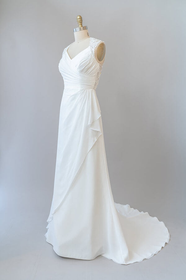 Wedding Dress With Lace, Awesome Long Sheath Lace Chiffon Backless Wedding Dress