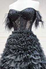 Hoco, Black Tulle Long Ball Gown, A-Line Off the Shoulder Evening Gown