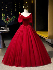 Party Dress Online, Burgundy Velvet Tulle Floor Length Formal Dress, Burgundy A-Line Evening Party Dress