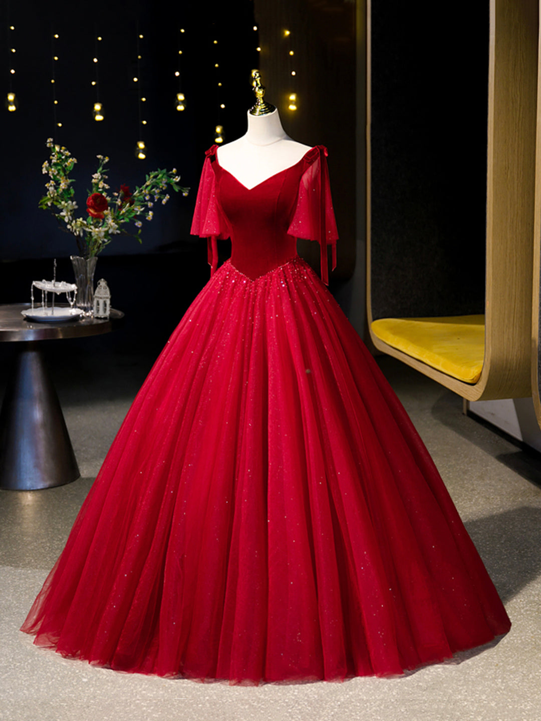 Party Dress 2037, Burgundy Velvet Tulle Floor Length Formal Dress, Burgundy A-Line Evening Party Dress