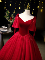 Party Dresses 2037, Burgundy Velvet Tulle Floor Length Formal Dress, Burgundy A-Line Evening Party Dress