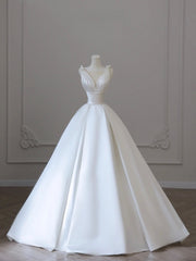 Wedsing Dress Styles, White V-Neck Satin Long Formal Dress, Elegant A-Line Wedding Party Dress