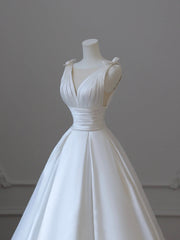 Wedding Dress Styling, White V-Neck Satin Long Formal Dress, Elegant A-Line Wedding Party Dress