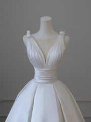Wedding Dresses Style, White V-Neck Satin Long Formal Dress, Elegant A-Line Wedding Party Dress