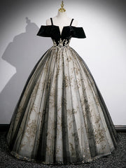 Homecoming Dress Sweetheart, Black Velvet Tulle Sequins Floor Length Prom Dress, Off the Shoulder Evening Party Dress