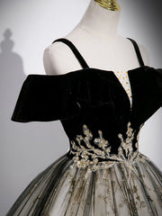 Homecoming Dresses 28 Year Old, Black Velvet Tulle Sequins Floor Length Prom Dress, Off the Shoulder Evening Party Dress