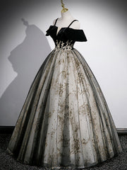 Homecoming Dresses Sweetheart, Black Velvet Tulle Sequins Floor Length Prom Dress, Off the Shoulder Evening Party Dress