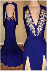 Evening Dress Shops, royal blue long sleeve prom dresses cheap gold beads mermaid evening dress with slit