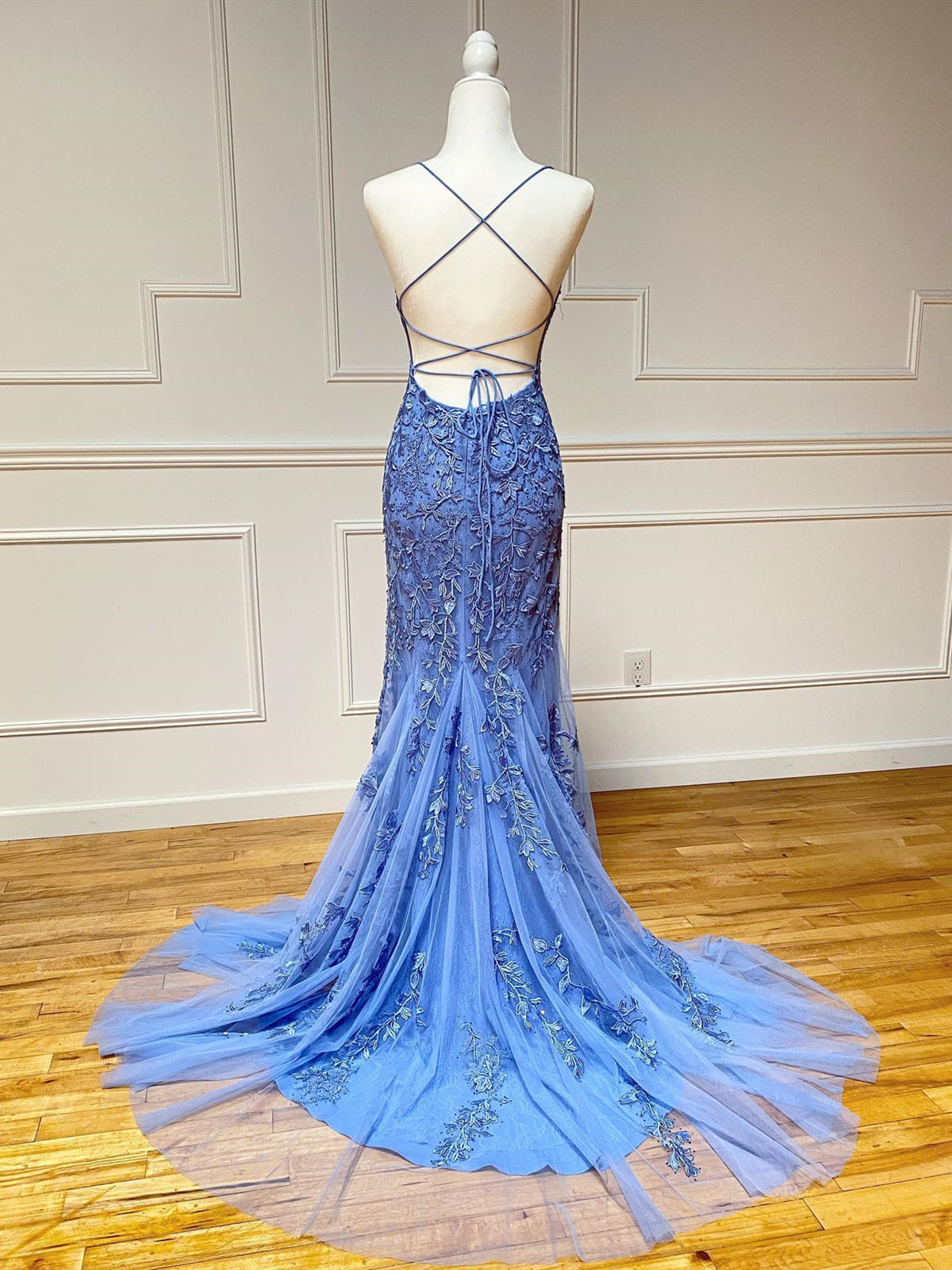 Party Dresses Night Out, Backless Blue Lace Mermaid Prom Dresses, Open Back Lace Mermaid Formal Evening Dresses